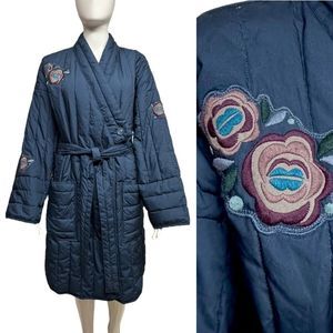 GUDRUN SJODEN Quilted Kimono Style Puffer Coat with Embroidered Appliques L